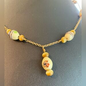 Glass Beaded Necklace Hand Painted Wrapped Gold Toned Chain 18” Vintage